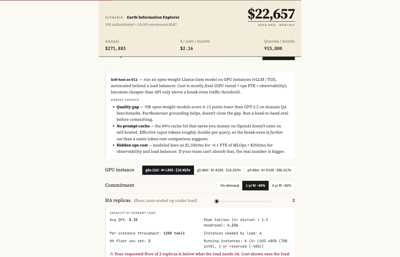 API view — $22,657/mo for 915K queries, with self-host caveats inline